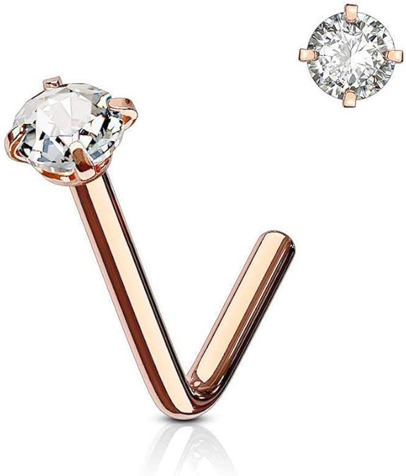 L Bend Prong Set CZ 316L Surgical Steel Nose Stud Rings Nose Ring Skin Metals