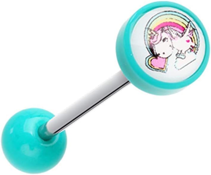 Rainbow Unicorn Acrylic Logo Barbell Tongue Ring Barbell Impulse Piercings