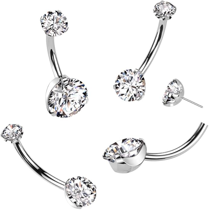 Implant Grade Titanium Threadless Push In Prong Set Bottom With CNC Round Claw Set CZ Top Belly Button Ring Belly Button Ring Skin Metals