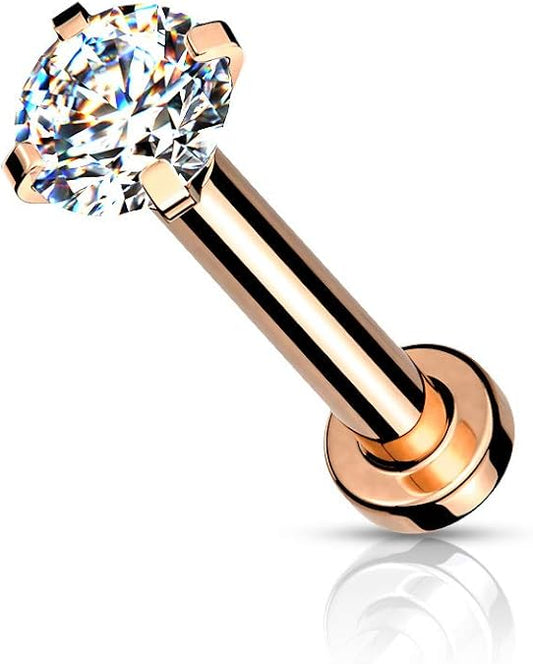 CZ Prong Set Top Internally Threaded PVD Over Micro Base 316L Surgical Steel Labret, Flat Back Studs For Lip, Chin, Nose and More Labret Skin Metals