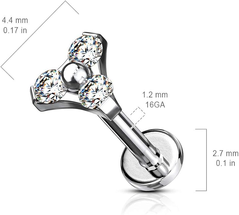 CZ Triangle Prong Set Internally Threaded Top 316L Surgical Steel Labret, Flat Back Studs Labret Skin Metals