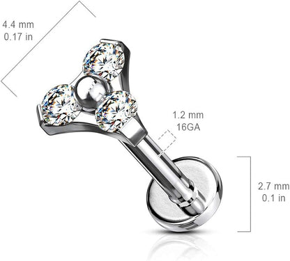 CZ Triangle Prong Set Internally Threaded Top 316L Surgical Steel Labret, Flat Back Studs Labret Skin Metals