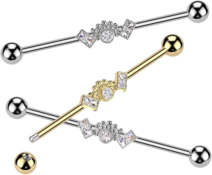 Surgical Steel Double Baguette CZ Ends With Ball Clusters And Round CZ Center Industrial Barbell Industrial Barbell Skin Metals