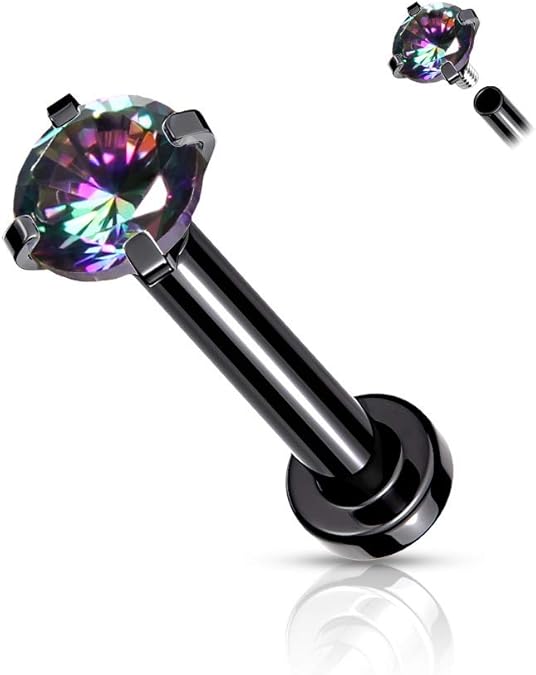 CZ Prong Set Top Internally Threaded PVD Over Micro Base 316L Surgical Steel Labret, Flat Back Studs For Lip, Chin, Nose and More Labret Skin Metals