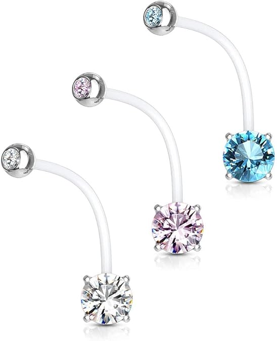 Double Jeweled Prong Set Round CZ Pregnancy Belly Rings Bioflex with 316L Surgical Steel Balls Belly Button Ring Skin Metals