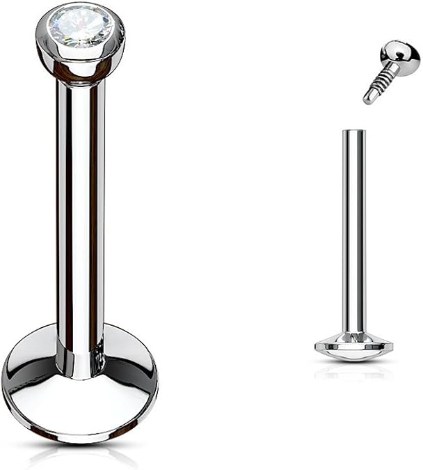 Press Fit Gem Ball Internally Threaded 316L Surgical Steel Labret/Monroe With 4mm Cambered Base Labret Skin Metals