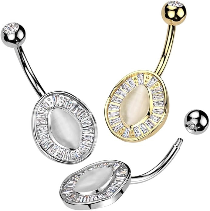 Surgical Steel Baguette CZ Edge With Cat's Eye Stone Center Belly Button Navel Ring Navel Rings Skin Metals