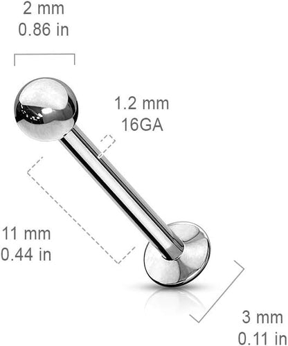 Push In Top Ball 316L Surgical Steel Threadless Labret, Monroe, Flat Back Stud With 3mm Convex Base Labret Skin Metals