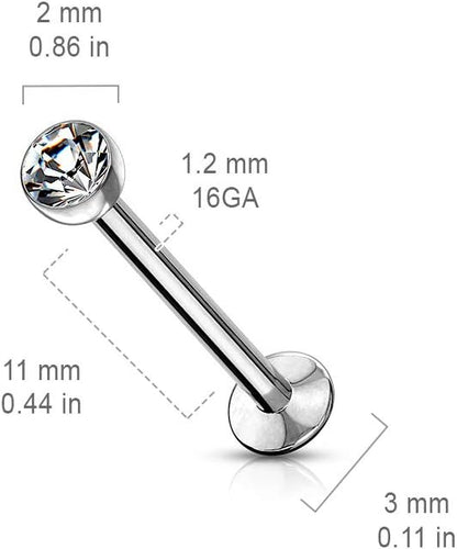 Push In Jeweled Ball Top 316L Surgical Steel Threadless Labret, Monroe, Flat Back Stud Labret Skin Metals