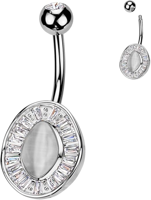 Surgical Steel Baguette CZ Edge With Cat's Eye Stone Center Belly Button Navel Ring Navel Rings Skin Metals