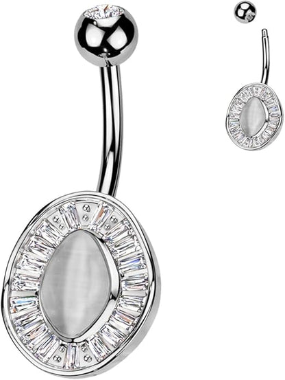 Surgical Steel Baguette CZ Edge With Cat's Eye Stone Center Belly Button Navel Ring Navel Rings Skin Metals