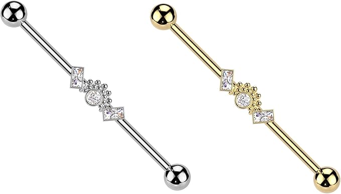 Surgical Steel Double Baguette CZ Ends With Ball Clusters And Round CZ Center Industrial Barbell Industrial Barbell Skin Metals
