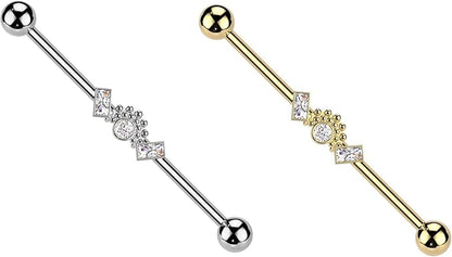 Surgical Steel Double Baguette CZ Ends With Ball Clusters And Round CZ Center Industrial Barbell Industrial Barbell Skin Metals