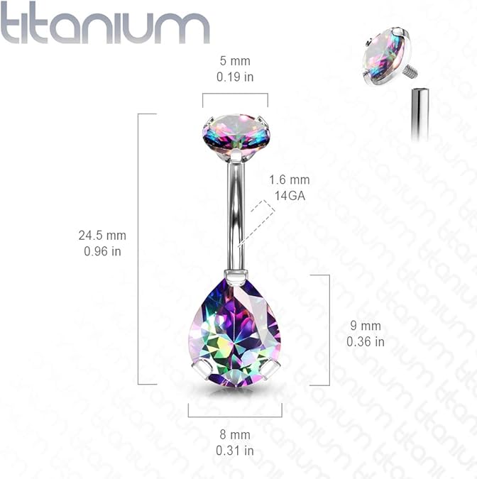 Implant Grade Titanium Internally Threaded Round Top CZ With Prong Set Pear CZ Belly Button Ring Belly Button Ring Skin Metals