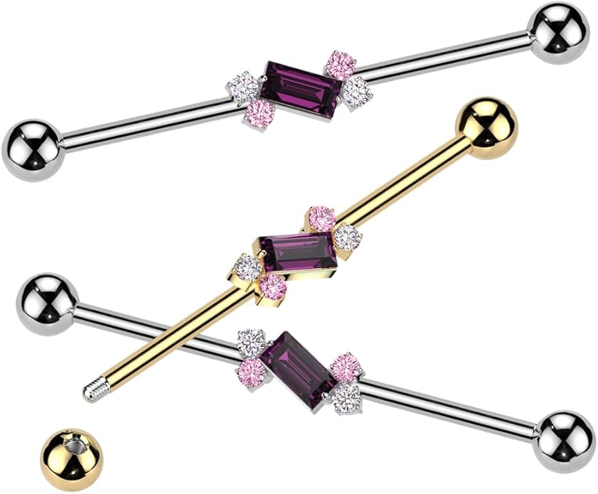 Surgical Steel Double Round CZ With Baguette CZ Center Industrial Barbell Industrial Barbell Skin Metals