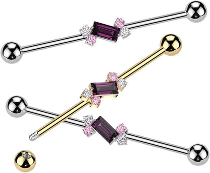 Surgical Steel Double Round CZ With Baguette CZ Center Industrial Barbell Industrial Barbell Skin Metals