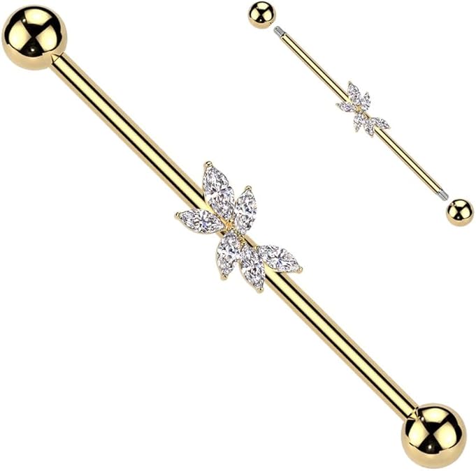 Surgical Steel Marquise CZ Vine Industrial Barbell Industrial Barbell Skin Metals