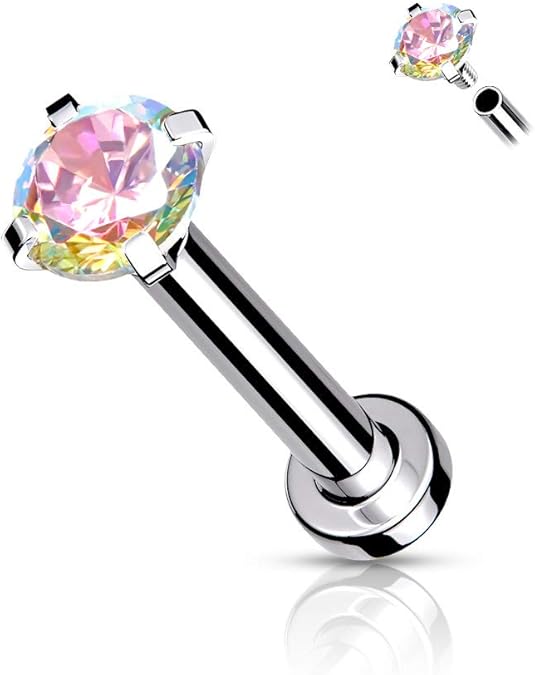 CZ Prong Set Top Internally Threaded 316L Surgical Steel Labret, Flat Back Studs For Lip, Chin, Nose and More Labret Skin Metals
