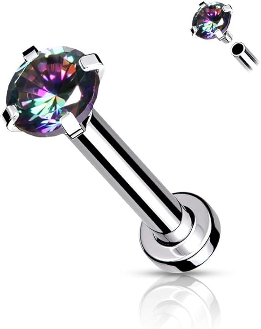CZ Prong Set Top Internally Threaded 316L Surgical Steel Labret, Flat Back Studs For Lip, Chin, Nose and More Labret Skin Metals