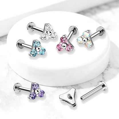CZ Triangle Prong Set Internally Threaded Top 316L Surgical Steel Labret, Flat Back Studs Labret Skin Metals