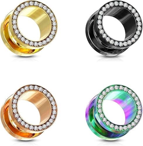 Clear Gem Set Rim PVD Over 316L Surgical Steel Screw Fit Flesh Tunnels Plugs Impulse Piercings