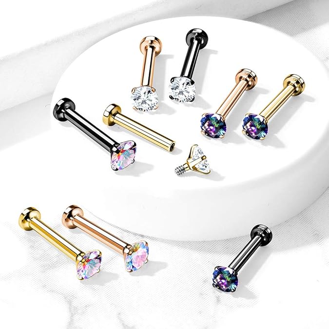 CZ Prong Set Top Internally Threaded PVD Over Micro Base 316L Surgical Steel Labret, Flat Back Studs For Lip, Chin, Nose and More Labret Skin Metals