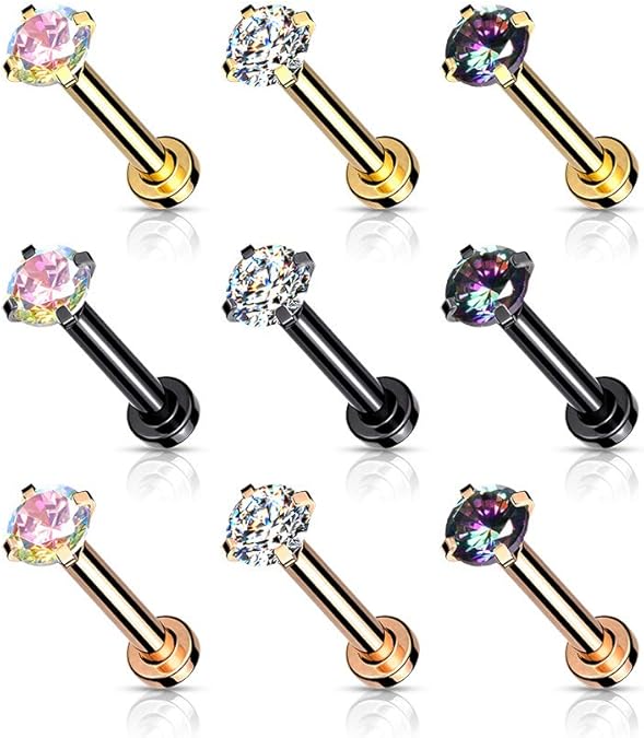 CZ Prong Set Top Internally Threaded PVD Over Micro Base 316L Surgical Steel Labret, Flat Back Studs For Lip, Chin, Nose and More Labret Skin Metals
