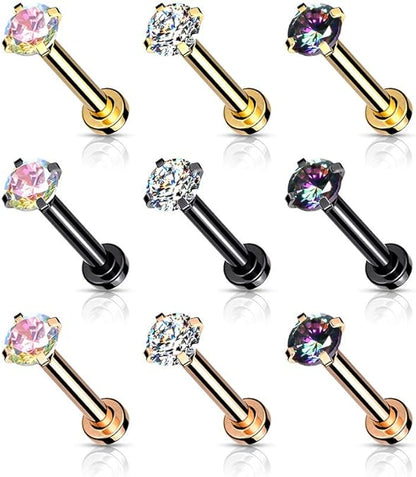 CZ Prong Set Top Internally Threaded PVD Over Micro Base 316L Surgical Steel Labret, Flat Back Studs For Lip, Chin, Nose and More Labret Skin Metals