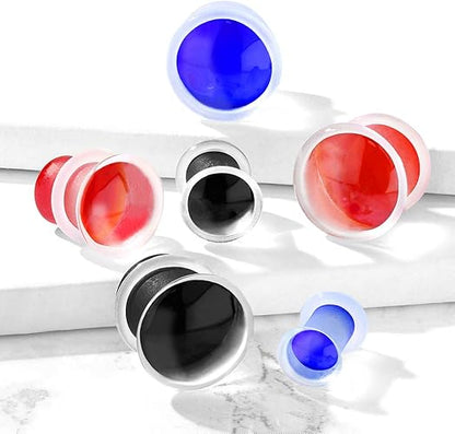 Convex Front Single Flared Glass Plugs With Clear Silicone O-Ring Plugs Impulse Piercings