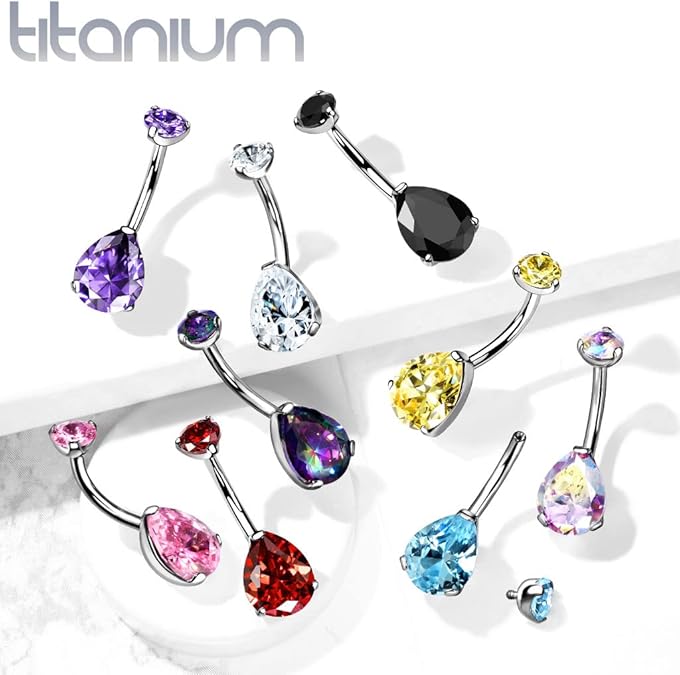 Implant Grade Titanium Internally Threaded Round Top CZ With Prong Set Pear CZ Belly Button Ring Belly Button Ring Skin Metals