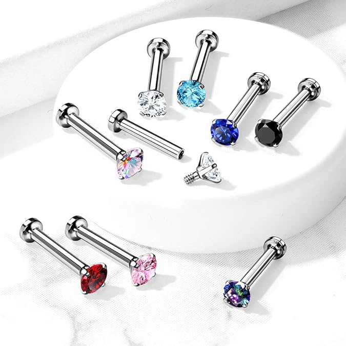 CZ Prong Set Top Internally Threaded 316L Surgical Steel Labret, Flat Back Studs For Lip, Chin, Nose and More Labret Skin Metals