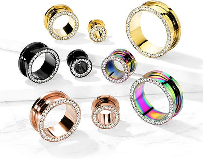 Clear Gem Set Rim PVD Over 316L Surgical Steel Screw Fit Flesh Tunnels Plugs Impulse Piercings