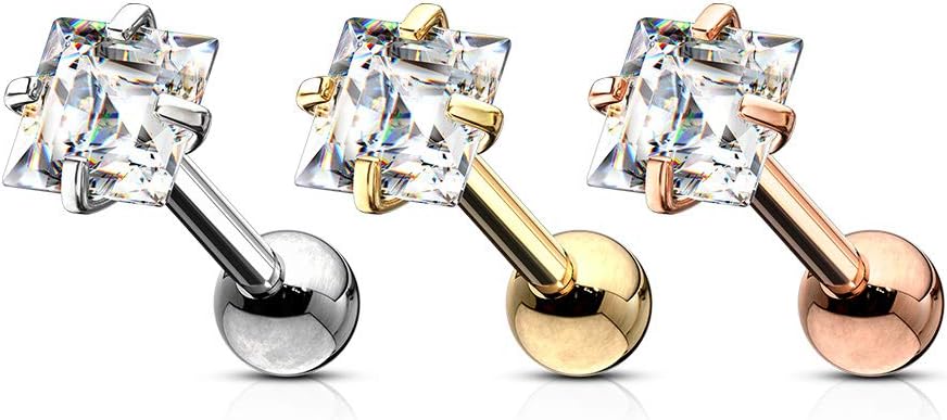 Prong Set Square CZ 316L Surgical Steel Cartilage, Tragus Barbell Studs Cartilage Impulse Piercings