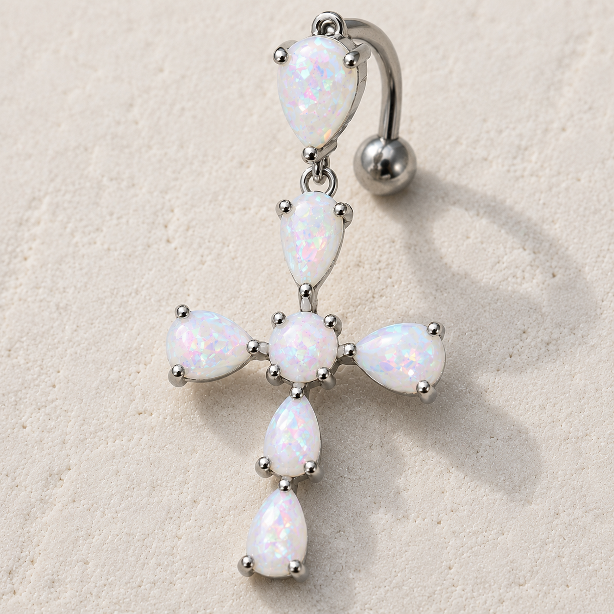 White opal cross top down navel ring 14G, rainbow shifting synthetic opal 316L stainless steel belly button ring