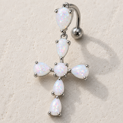White opal cross top down navel ring 14G, rainbow shifting synthetic opal 316L stainless steel belly button ring