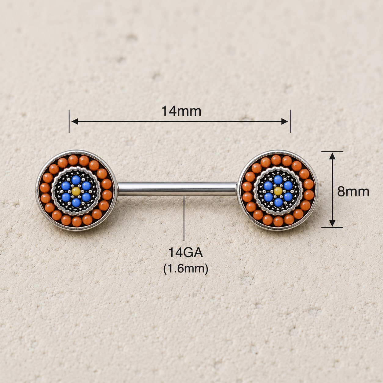 nipple bars with bead design and measurements on a beige background
