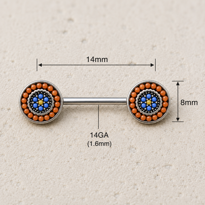 nipple bars with bead design and measurements on a beige background