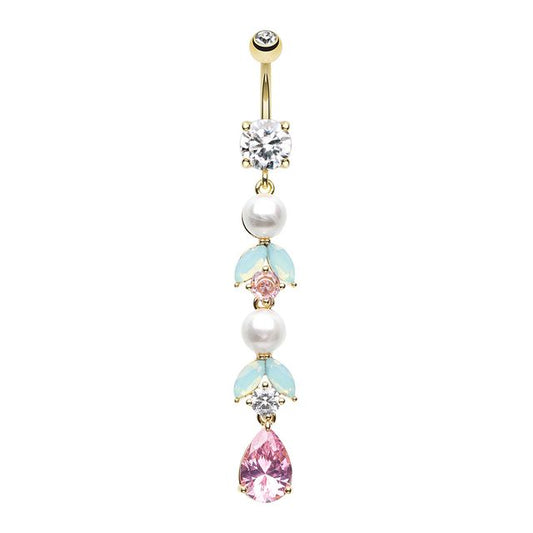 Golden Pastel Pearl Leaf Drop Bling Belly Button Ring Navel Ring Skin Metals