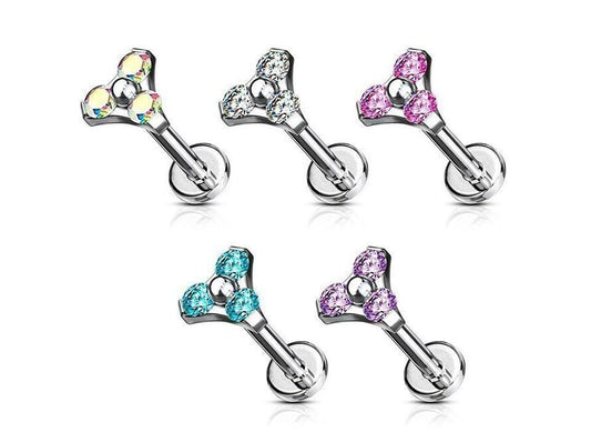 CZ Triangle Prong Set Internally Threaded Top 316L Surgical Steel Labret, Flat Back Studs Labret Skin Metals