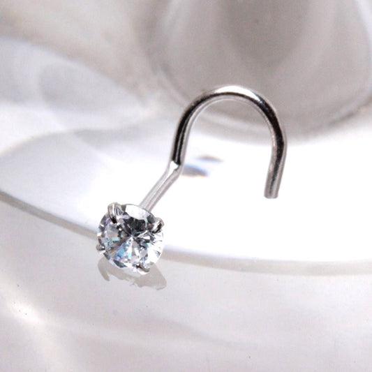 .925 Sterling Silver Prong Set CZ Screw Nose Ring - Skin Metals
