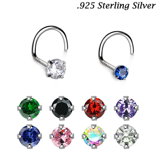 .925 Sterling Silver Prong Set CZ Screw Nose Ring - Skin Metals