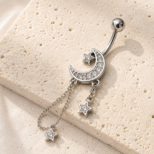 Stainless Steel Moon and Stars Dangle Navel Ring - Skin Metals