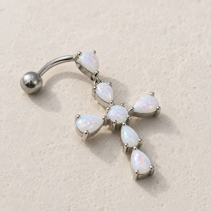 Side view of white opal cross top down navel ring, 14G 316L stainless steel, 18 x 22mm cross design