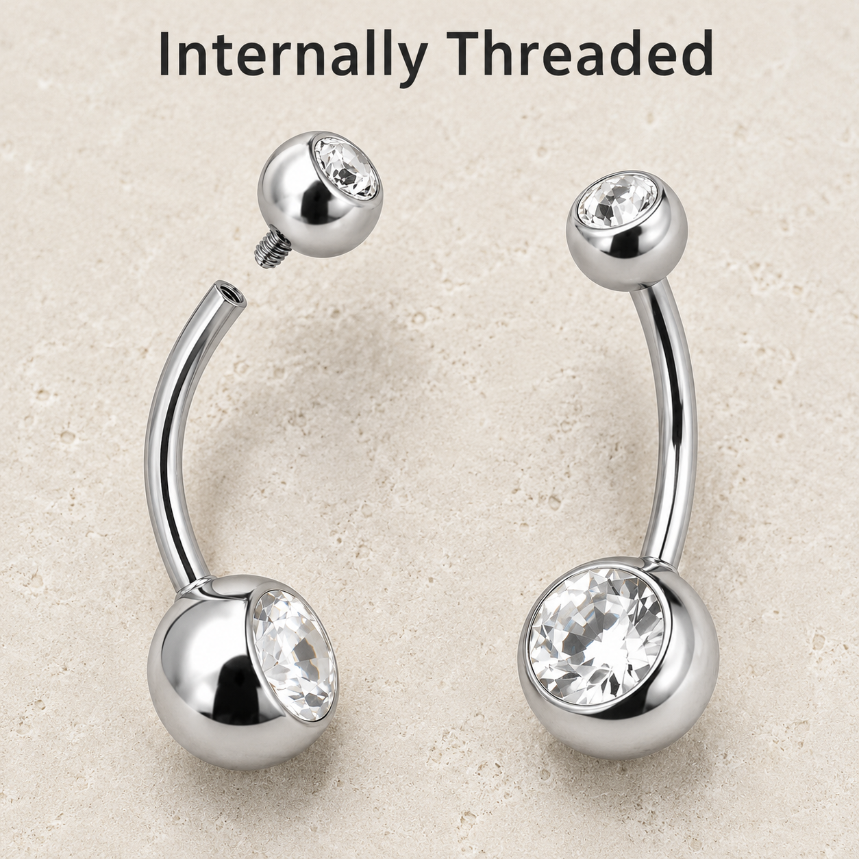 Internally Threaded Navel Ring Clear CZ Balls 14G 316L Steel - Skin Metals