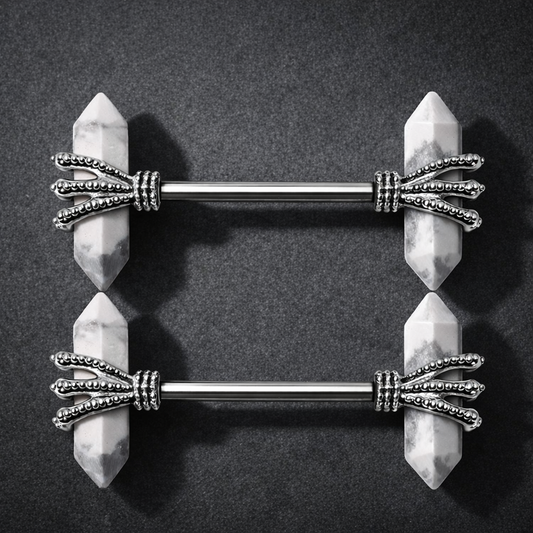 316L Stainless Steel Triple Claw Nipple Bar with Howlite Stones
