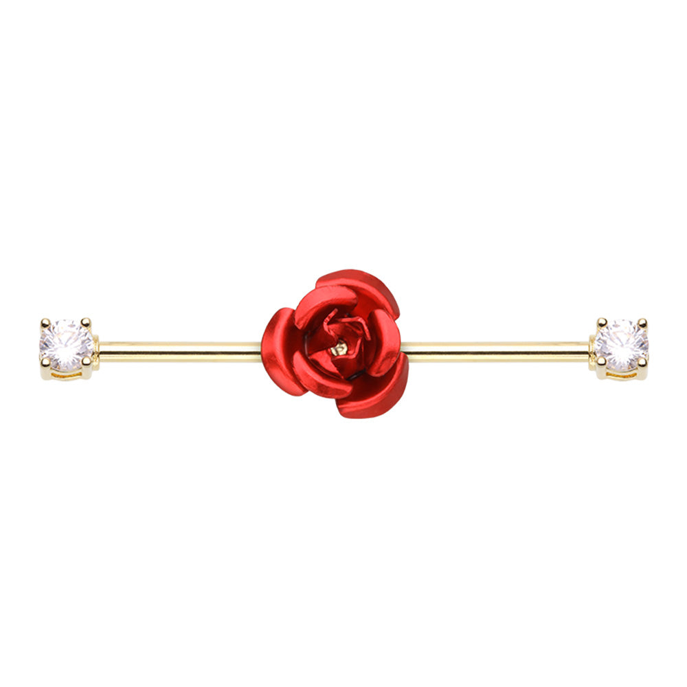 Golden Cubic CZ Blooming Rose Flower Prong Set Industrial Barbell Industrial Barbell Impulse Piercings