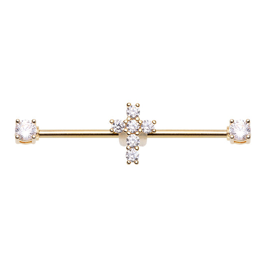 Golden Cubic CZ Bling Cross Prong Set Industrial Barbell Industrial Barbell Impulse Piercings