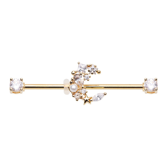 Golden Cubic CZ Bling Celestial Moon Star Prong Set Industrial Barbell Industrial Barbell Impulse Piercings