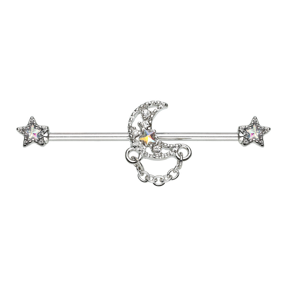 Iridescent Celestial Moon Star Chain Dangle Industrial Barbell
