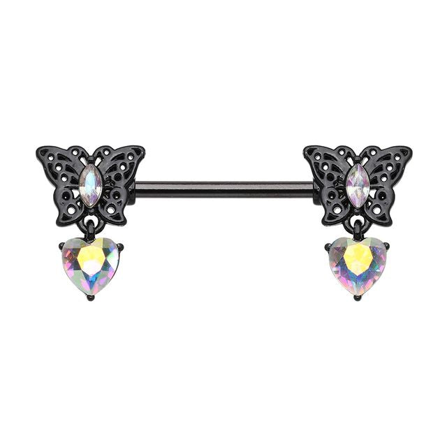 Dark Iridescent Butterfly Heart Dangle Nipple Barbell Ring Nipple Ring Skin Metals